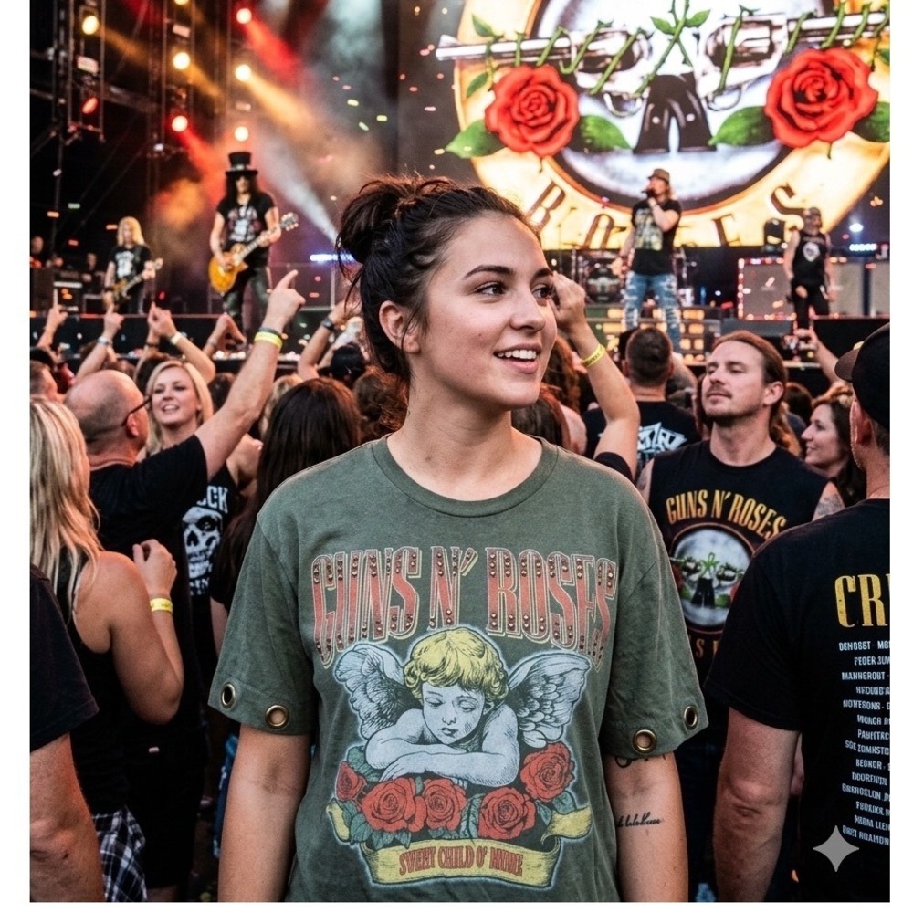 Guns N Roses Sweet Child O Mine Olive Green Studded Crop Graphic Tee XS NEW